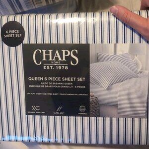 CHAPS by Ralph Lauren Dark/Blue White Pinstripes 6pc QUEEN Sheet Set